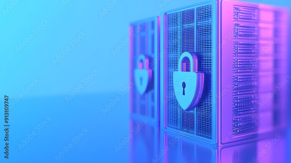 Digital server racks with security padlocks in blue and purple light, representing cybersecurity and data protection in a modern server environment. Digital server racks with security padlocks in blue and purple light, representing cybersecurity and data protection in a modern server environment.