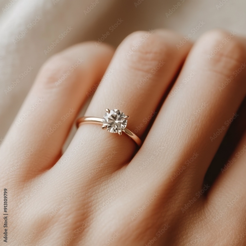 Elegant solitaire diamond engagement ring on woman's hand, close-up, showcasing jewelry, love, commitment concept Elegant solitaire diamond engagement ring on woman's hand, close-up, showcasing jewelry, love, commitment concept