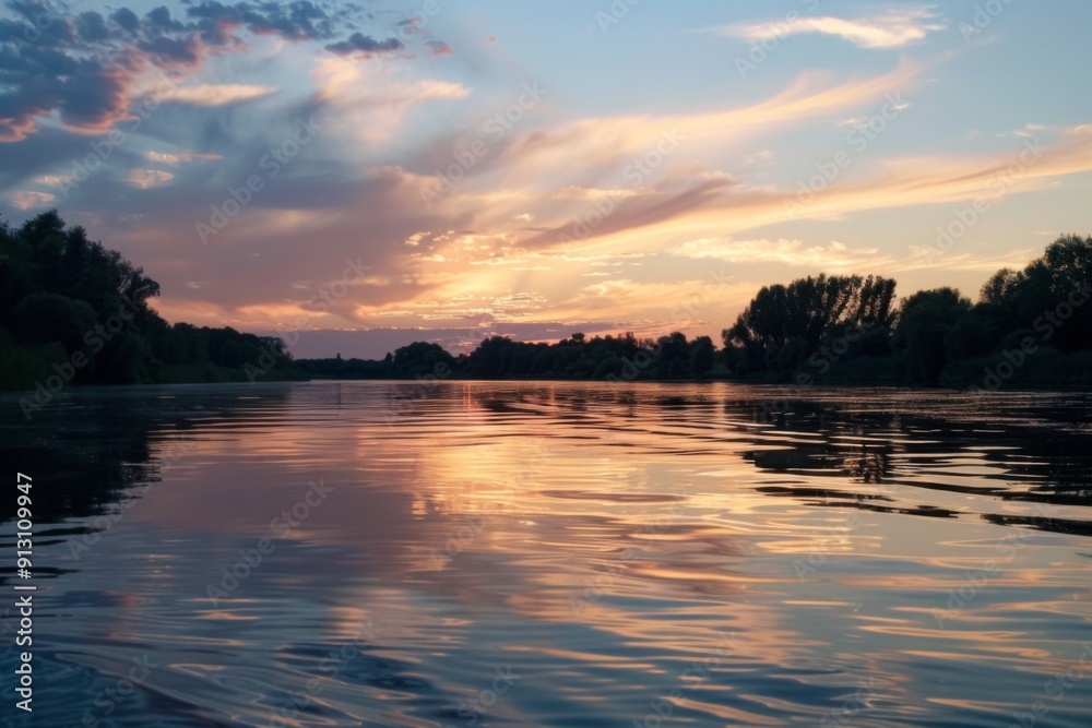 Obraz premium A calm lake with a beautiful sunset in the background. The water is reflecting the sky and the trees in the distance. The scene is peaceful and serene, with the colors of the sunset creating a warm