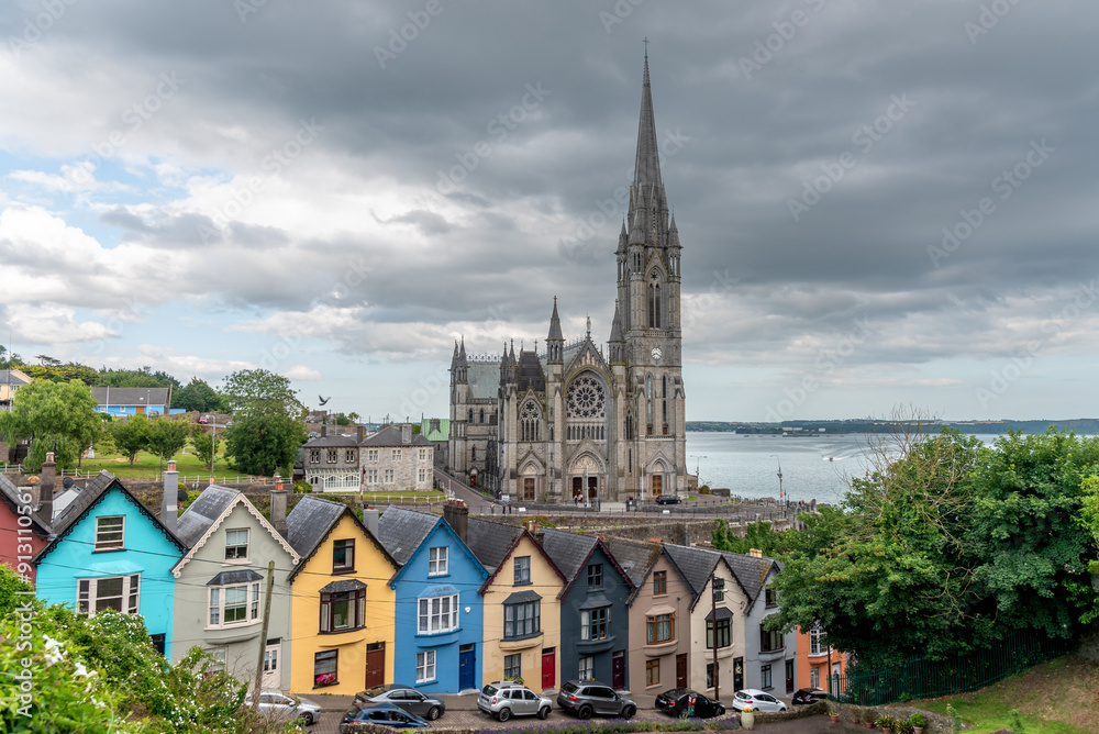 Deck of cards houses and st colmans cathedral at Cobh city Ireland Europe Deck of cards houses and st colmans cathedral at Cobh city Ireland Europe