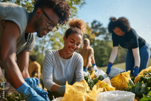 Happy volunteers wearing gloves picking up trash and putting it in garbage bags photo