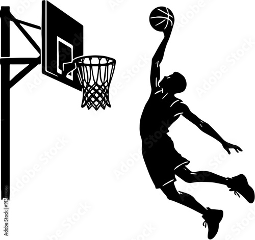 silhouette of basketball player in mid-air, extending his arm towards the hoop to score a point, vector, white background