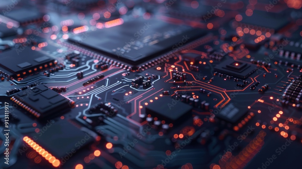 Close-up of a Circuit Board with Red Glowing Lines Close-up of a Circuit Board with Red Glowing Lines