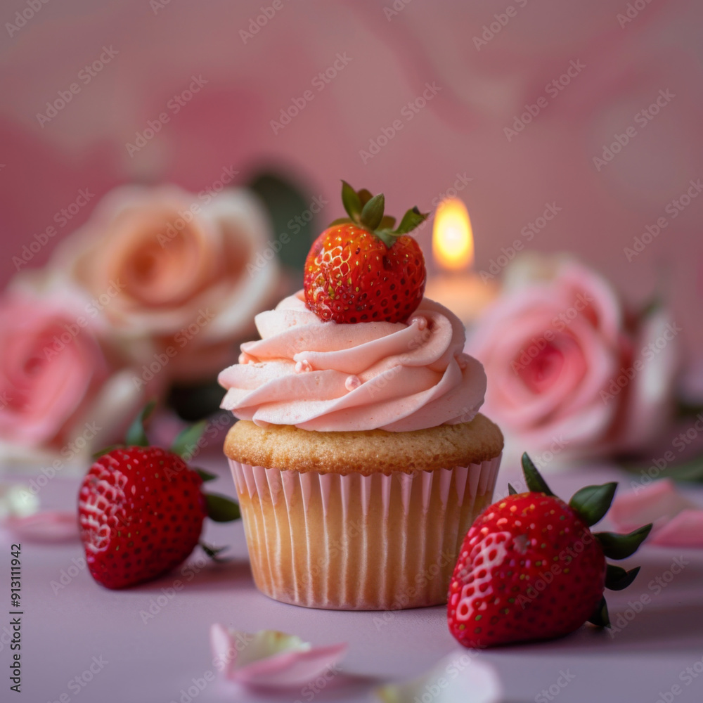 Strawberry Cupcake with Pink Frosting and Rose Petals Strawberry Cupcake with Pink Frosting and Rose Petals