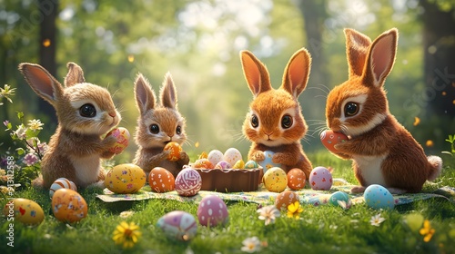 Cartoon animals having a spring picnic for Easter with decorated eggs chocolate bunnies and flowers photo