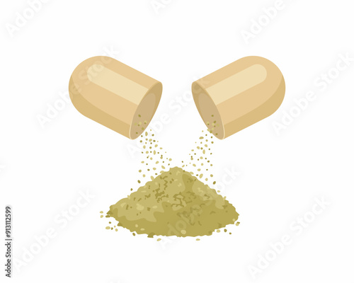Powdered supplement is poured out of the opened capsule. Herbal medicine. Vector cartoon illustration.