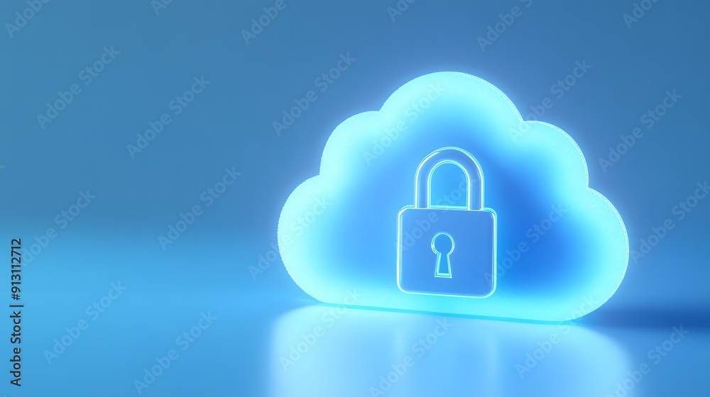 Glowing cloud symbol with padlock icon representing cloud security, data protection, and secure cloud storage on a blue background. Glowing cloud symbol with padlock icon representing cloud security, data protection, and secure cloud storage on a blue background.