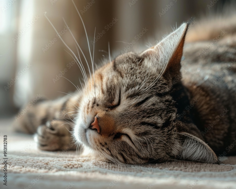 Fototapeta premium A cat is sleeping on a couch. The cat is curled up and has its eyes closed. The cat is in a relaxed state and he is enjoying its nap