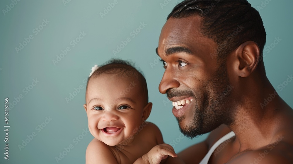 Studio portrait capturing a gentle father smiling at his beaming baby, illustrating their deep affection and connection in a light setting. Studio portrait capturing a gentle father smiling at his beaming baby, illustrating their deep affection and connection in a light setting.