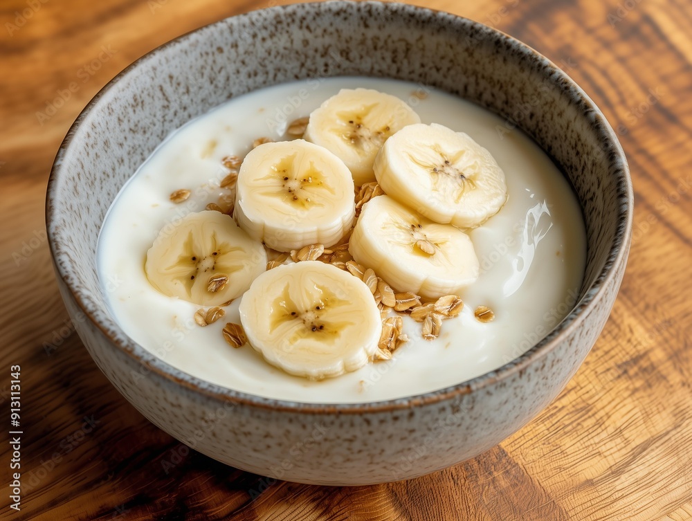 Photo of yogurt with banana rounds in a bowl on a wooden table 1 Photo of yogurt with banana rounds in a bowl on a wooden table 1