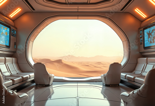 Futuristic interior of a Spaceship landed on a desert planet.