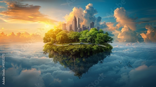 Concept of eco city. Modern city with skyscrapers, highway and cars surrounded by nature landscape on the patch of land. ai generated