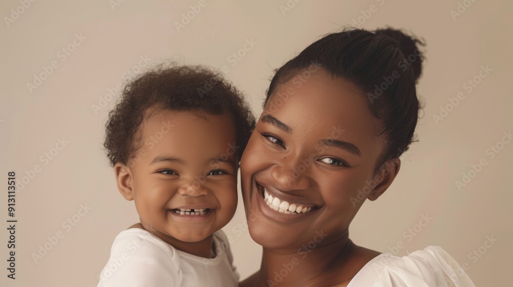 Touching studio image of an African American mother and her smiling baby, showcasing their deep bond and loving connection. Touching studio image of an African American mother and her smiling baby, showcasing their deep bond and loving connection.