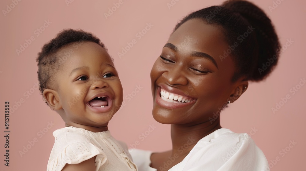 Studio image of an African American mother looking affectionately at her happy baby, capturing their emotional connection and joy. Studio image of an African American mother looking affectionately at her happy baby, capturing their emotional connection and joy.