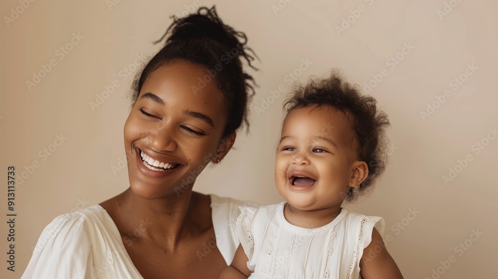 Studio photo of a woman looking affectionately at her smiling baby, showcasing their joyful relationship. Studio photo of a woman looking affectionately at her smiling baby, showcasing their joyful relationship.