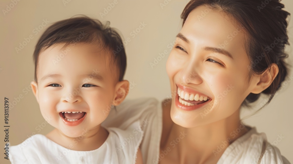 Endearing studio photograph of an Asian mother and her cheerful baby, capturing their joyful moments and heartfelt bond. Endearing studio photograph of an Asian mother and her cheerful baby, capturing their joyful moments and heartfelt bond.