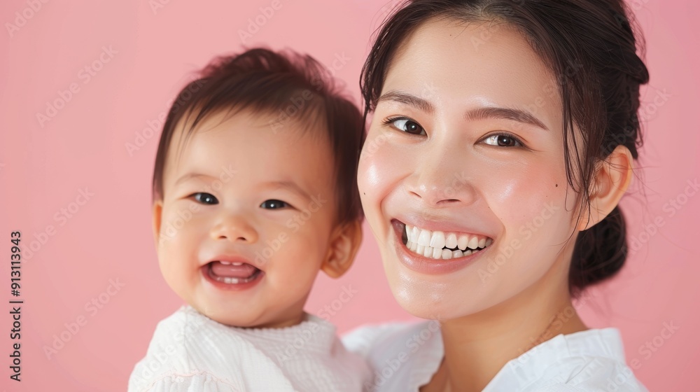 Loving portrait of an Asian mother and her smiling baby, both radiating happiness and mutual affection. Loving portrait of an Asian mother and her smiling baby, both radiating happiness and mutual affection.