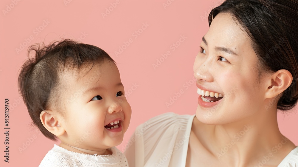 Endearing studio photograph of an Asian mother and her delighted baby, emphasizing their close connection and joyful interaction. Endearing studio photograph of an Asian mother and her delighted baby, emphasizing their close connection and joyful interaction.