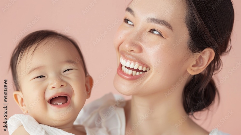 Joyful interaction between an Asian mother and her baby, with both sharing affectionate smiles in a light studio. Joyful interaction between an Asian mother and her baby, with both sharing affectionate smiles in a light studio.