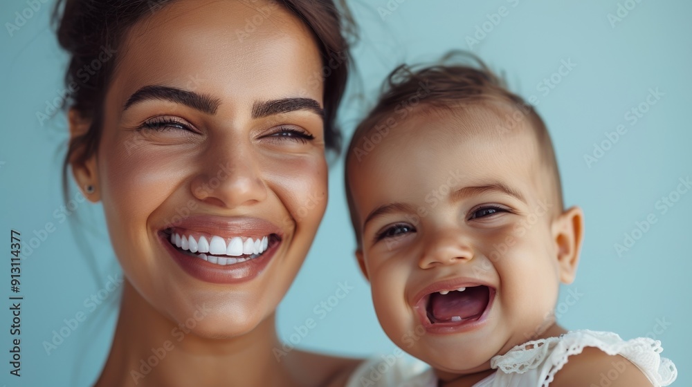 Warm studio portrait of a Latino mother and her beaming baby, capturing their mutual affection and joy. Warm studio portrait of a Latino mother and her beaming baby, capturing their mutual affection and joy.