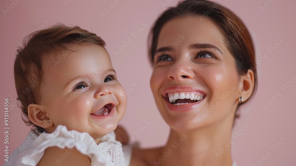 Heartfelt bond between a Brazilian mother and her beaming baby, beautifully highlighted in a light studio. Heartfelt bond between a Brazilian mother and her beaming baby, beautifully highlighted in a light studio.