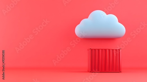 Minimalist concept of cloud computing with cloud symbol and red container on coral background. Modern technology and storage concept.