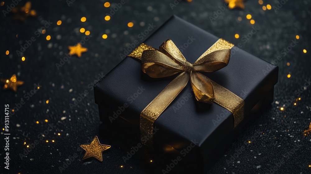black gift box with golden ribbon on dark background black gift box with golden ribbon on dark background