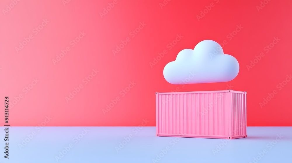 Minimalist pink shipping container under cloud against coral background. Modern logistics and technology concept. Minimalist pink shipping container under cloud against coral background. Modern logistics and technology concept.