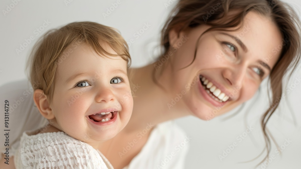 Warm moment between a mother and her smiling baby, beautifully captured in a bright studio setting.