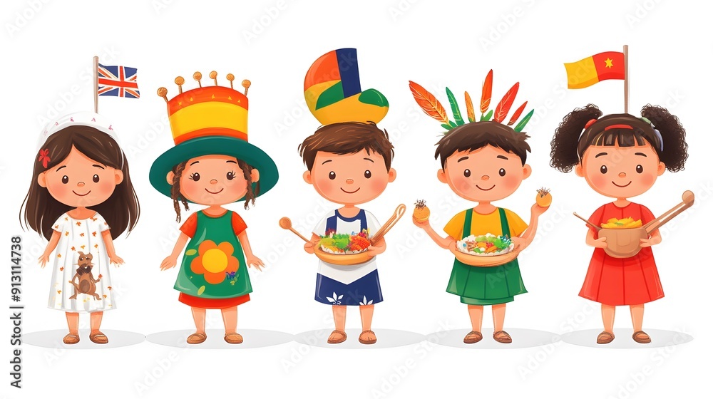 Cartoon kids celebrating Harmony Day with cultural costumes dances and foods Cartoon kids celebrating Harmony Day with cultural costumes dances and foods