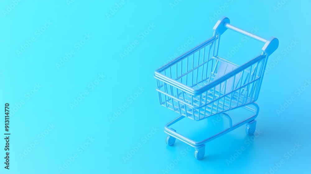 Minimalist shopping cart isolated on a blue background. Retail concept, online shopping, and consumerism. Modern and clean design. Minimalist shopping cart isolated on a blue background. Retail concept, online shopping, and consumerism. Modern and clean design.