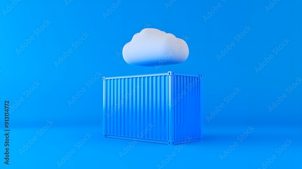 Minimalistic blue container with a cloud suspended above it on a matching blue background, representing cloud storage and technology. Minimalistic blue container with a cloud suspended above it on a matching blue background, representing cloud storage and technology.