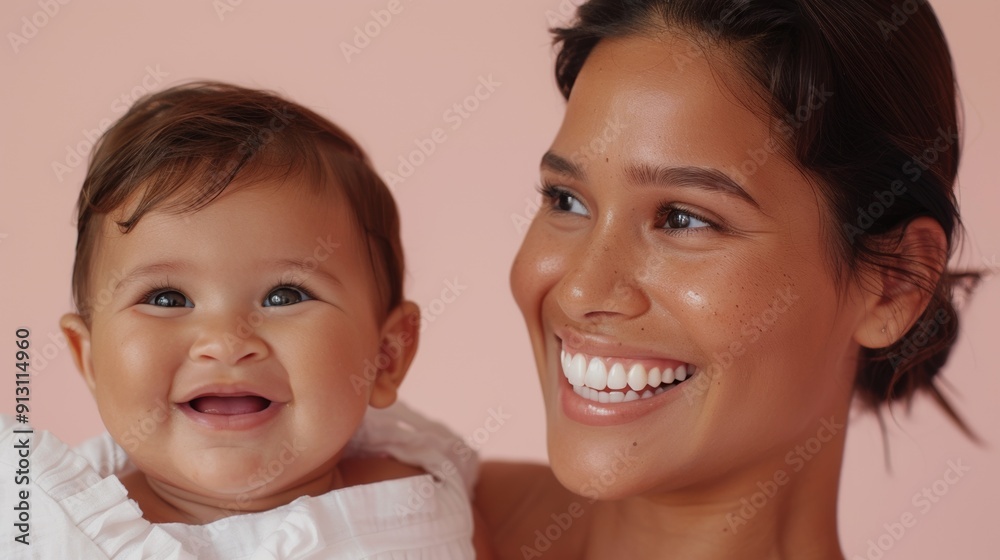 Joyful studio portrait of a mother and her smiling baby, radiating mutual affection and love. Joyful studio portrait of a mother and her smiling baby, radiating mutual affection and love.