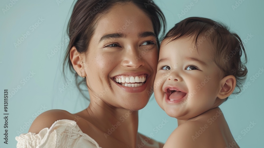 Warm studio portrait of a mother and her smiling baby, highlighting their close bond. Warm studio portrait of a mother and her smiling baby, highlighting their close bond.