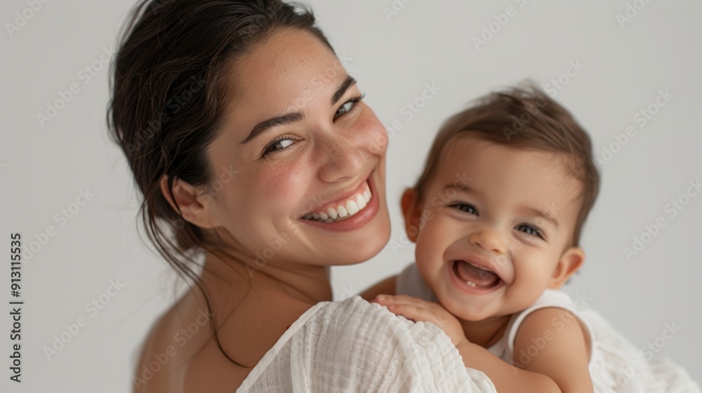 Heartfelt connection between a mother and her smiling baby, beautifully captured in a serene studio environment. Heartfelt connection between a mother and her smiling baby, beautifully captured in a serene studio environment.
