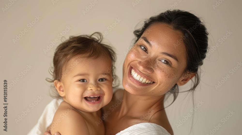 Warm studio portrait of a mother and her joyful baby, showcasing their affectionate relationship. Warm studio portrait of a mother and her joyful baby, showcasing their affectionate relationship.