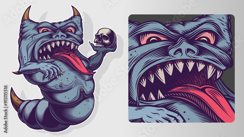 A creepy toothy demon holding a skull. Scary character for Halloween sticker, mascot or emblem. Vector illustration is hand drawn in retro vintage hatching, engraving, and line art style. Flat colors