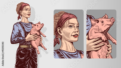 Cute country girl is a pig farm worker. A female farmer holding a piglet in hands. Breeding and care of animals in agriculture. Retro vintage vector illustration in the colored hatched engraving style