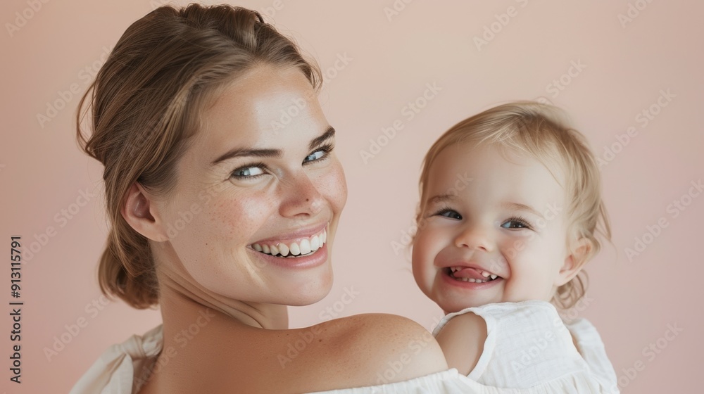 A mother lovingly gazes at her happy baby, capturing their mutual affection in a light studio.