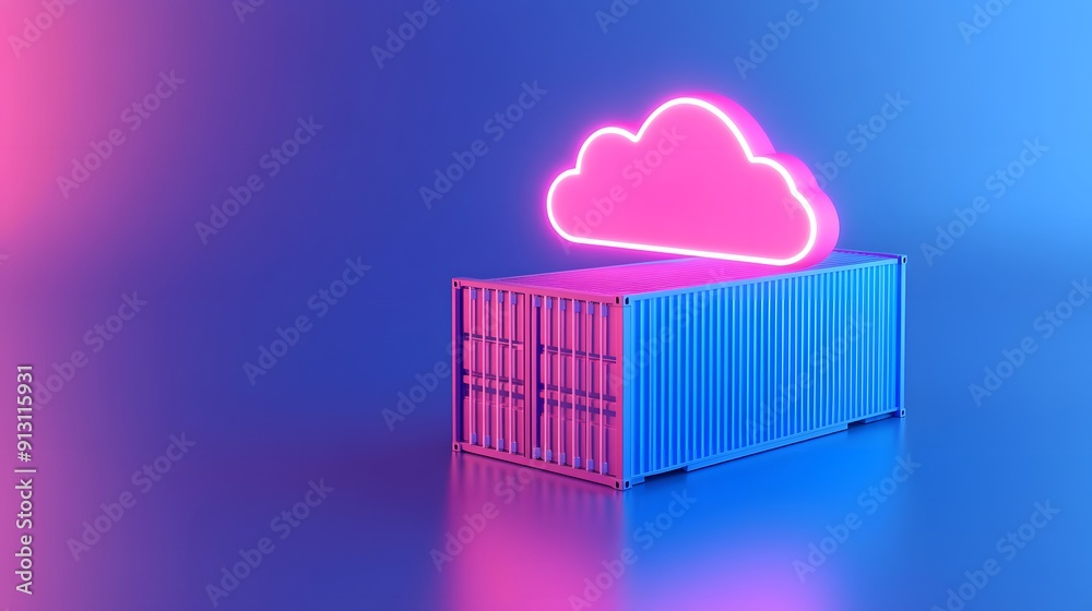 Neon cloud icon above a blue shipping container, illustrating cloud computing and data storage in vibrant colors. Neon cloud icon above a blue shipping container, illustrating cloud computing and data storage in vibrant colors.