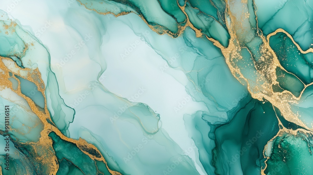 Alcohol ink with a gold leading edge in a delicate turquoise on a green and white background. Alcohol ink with a gold leading edge in a delicate turquoise on a green and white background.