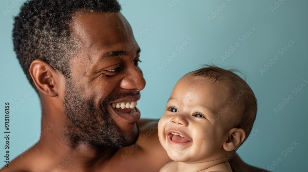 Studio photograph of a father smiling at his beaming baby, reflecting their strong bond and affection. Studio photograph of a father smiling at his beaming baby, reflecting their strong bond and affection.