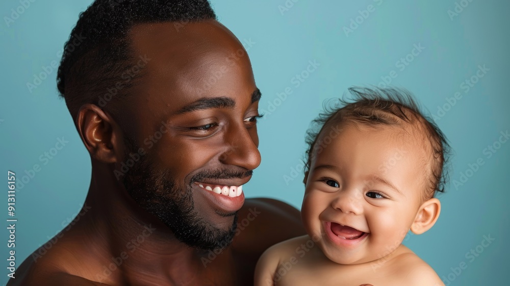 Studio image of a gentle father sharing a joyful moment with his smiling baby, showcasing their loving bond. Studio image of a gentle father sharing a joyful moment with his smiling baby, showcasing their loving bond.