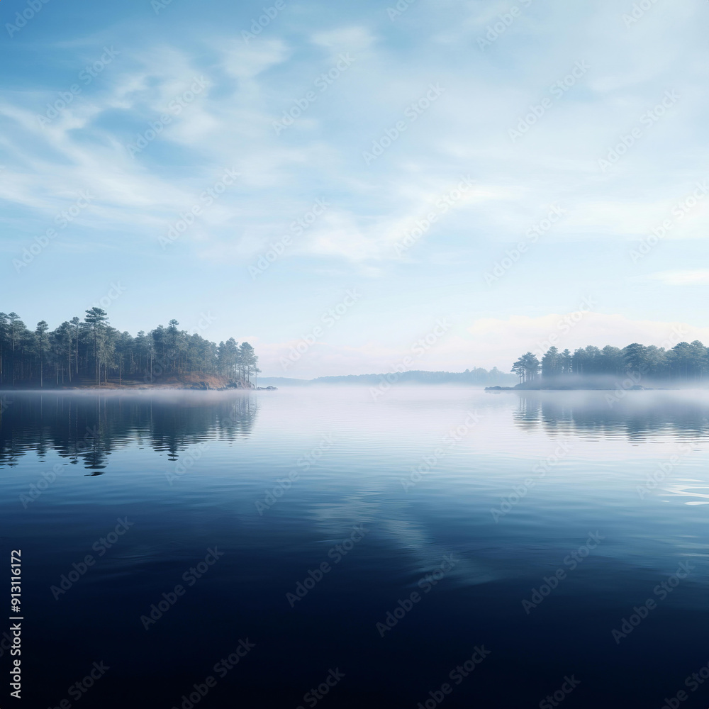 Fototapeta premium A serene lake surrounded by lush trees, reflecting the clear blue sky on a bright sunny day.
