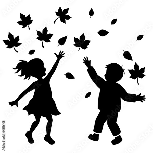 Kids Enjoy Fall Activities - Leaves Silhouette Vector for Printable Graphics photo