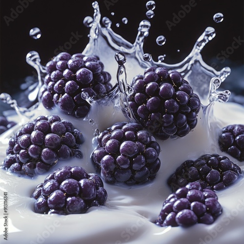 Fresh Blackberries Splashing into Creamy Milk for Smoothie or Yogurt