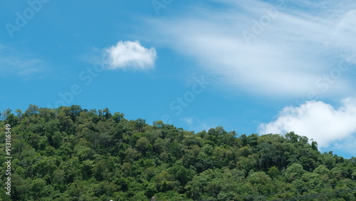 Lush green forested mountains under a clear blue sky with white clouds, showcasing natural beauty and serenity.