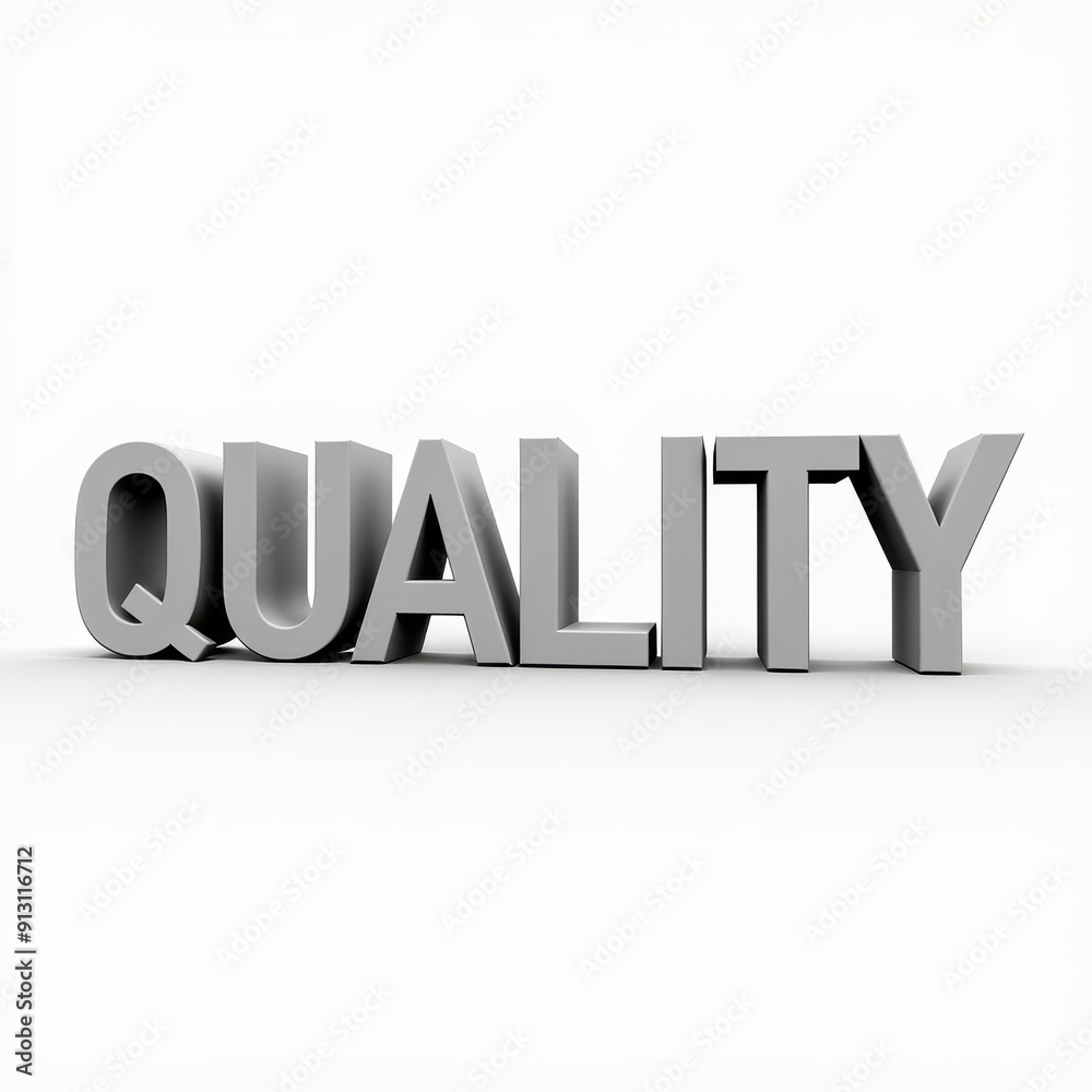 3D metallic text spelling 'QUALITY' against a plain white background. 3D metallic text spelling 'QUALITY' against a plain white background.