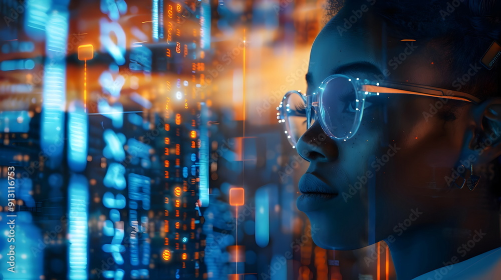 Fototapeta premium Future Technology Visionary Woman Glasses Digital Data Innovation Night