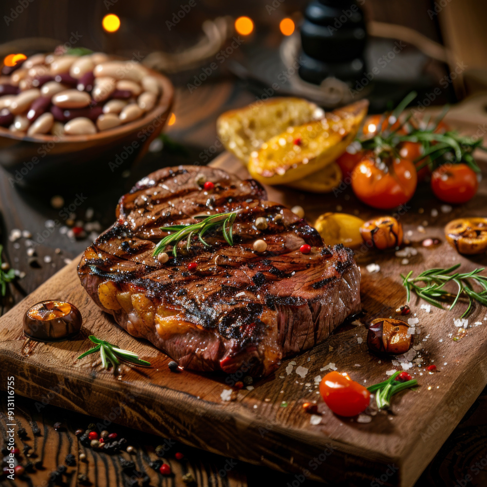 Grilled Steak with Rosemary, Peppers, and Tomatoes on Wooden Board Grilled Steak with Rosemary, Peppers, and Tomatoes on Wooden Board